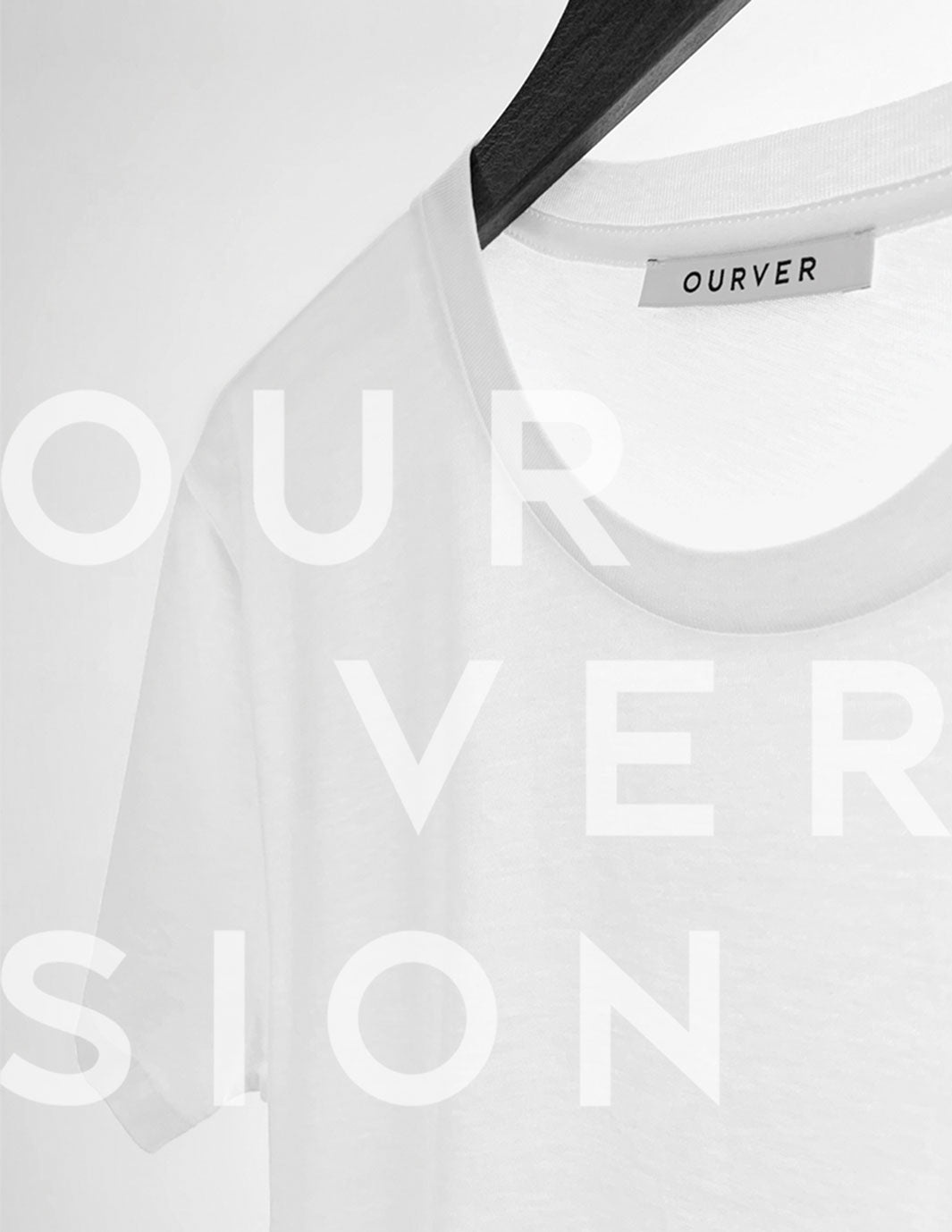 ourver white crew neck t-shirt on hanger